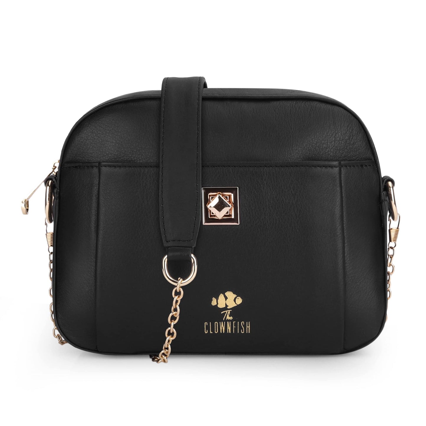 THE CLOWNFISH Amanora Genuine Leather Sling Bag for Women Crossbody Bag Ladies Single Shoulder Bag with Chain Strap (Black)