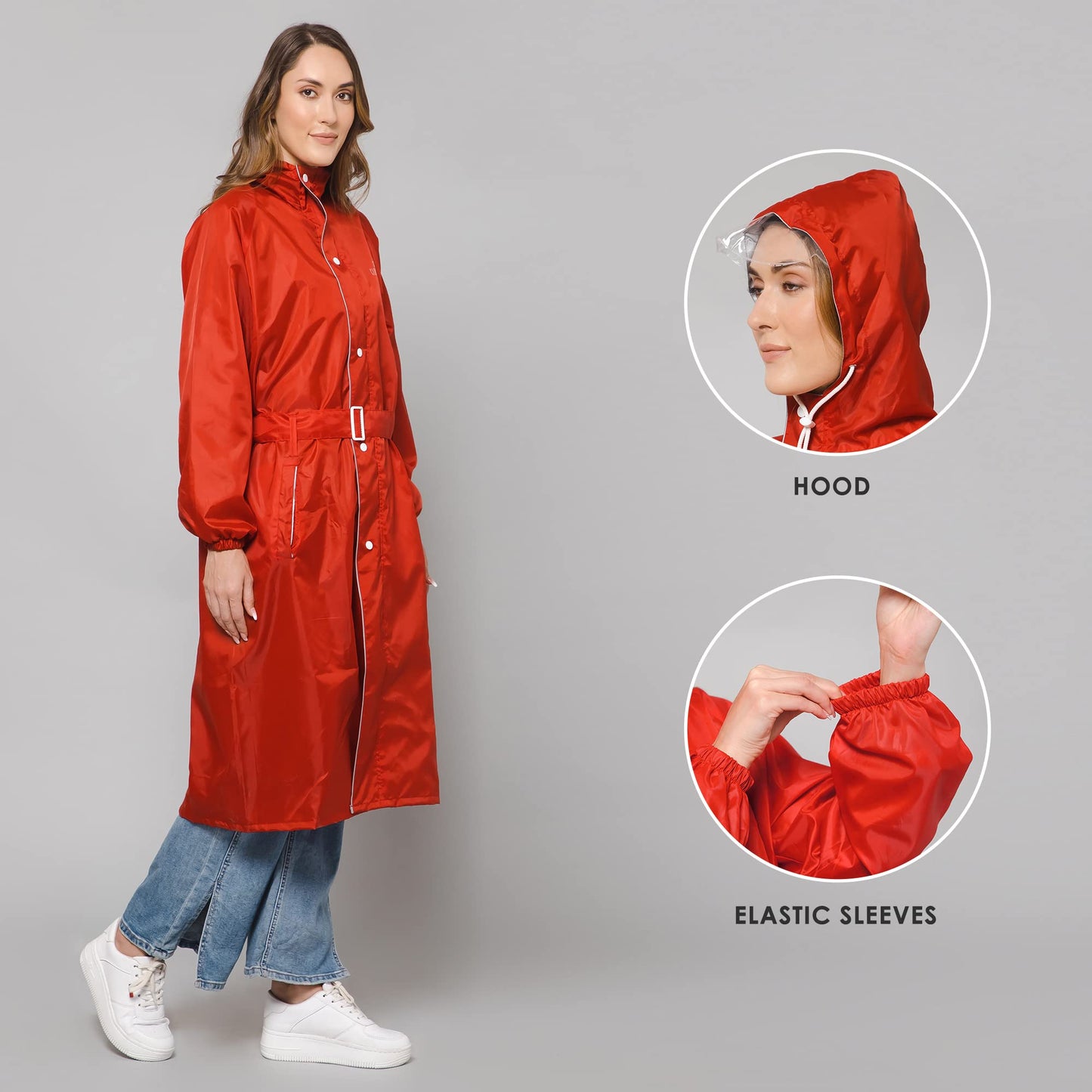 THE CLOWNFISH Polyester Long Length Raincoats For Women Rain Coat For Women Raincoat For Ladies Waterproof Reversible Double Layer. Drizzle Diva Series (Red, Xxx-Large)