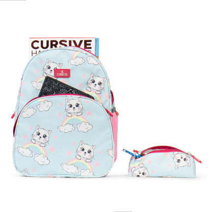 THE CLOWNFISH Cosmic Critters Series Printed Polyester 15 Litres Kids Backpack School Bag with Free Pencil Staionery Pouch Daypack Picnic Bag for Tiny Tots Of Age 5-7 Years (Blue - Kitty)
