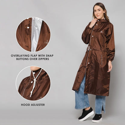 THE CLOWNFISH Polyester Raincoats For Women Rain Coat For Women Raincoat For Ladies Waterproof Reversible Double Layer. Drizzle Diva Series (Brown, Xxx-Large)