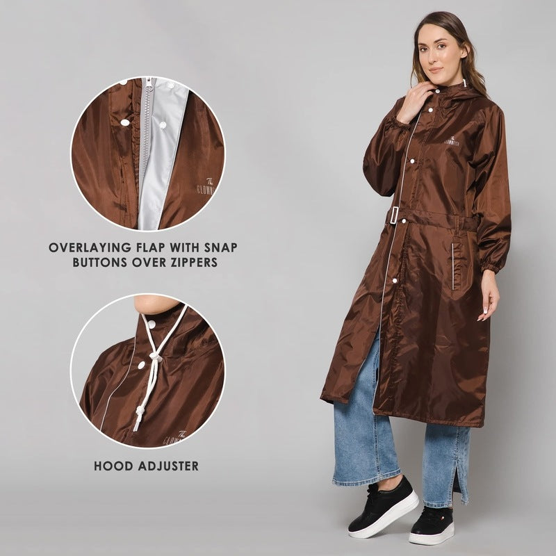 THE CLOWNFISH Polyester Raincoats For Women Raincoat For Ladies Waterproof Reversible Double Layer. Drizzle Diva Series (Brown, Large)