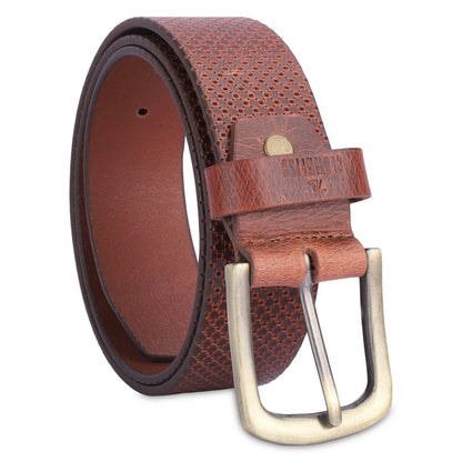 THE CLOWNFISH Men's Genuine Leather Belt with Textured Design-Tan (Size-32 inches)