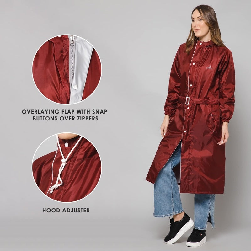 THE CLOWNFISH Polyester Raincoats For Women Raincoat For Ladies Waterproof Reversible Double Layer. Drizzle Diva Series (Maroon, Large)