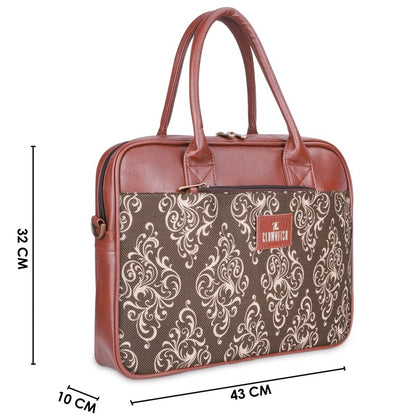 THE CLOWNFISH Deborah series 15.6 inch Laptop Bag For Women Printed Handicraft Fabric & Faux Leather Office Bag Briefcase Messenger Sling Handbag Business Bag (Brown)