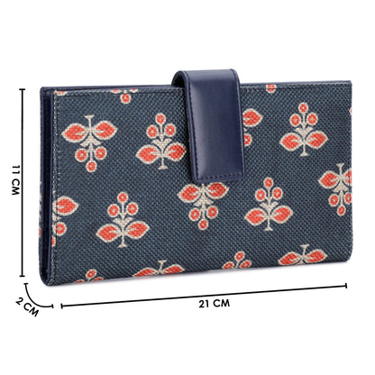 THE CLOWNFISH Orlanda Collection Printed Handicraft Fabric Womens Wallet Clutch Ladies Purse with Multiple Card holders (Blue)