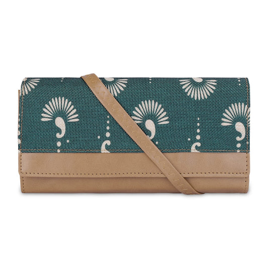 THE CLOWNFISH Erika Printed Handicraft Fabric & Vegan Leather Ladies Wallet Purse Sling Bag with Multiple Card Slots & Shoulder Belt (Bottle Green)