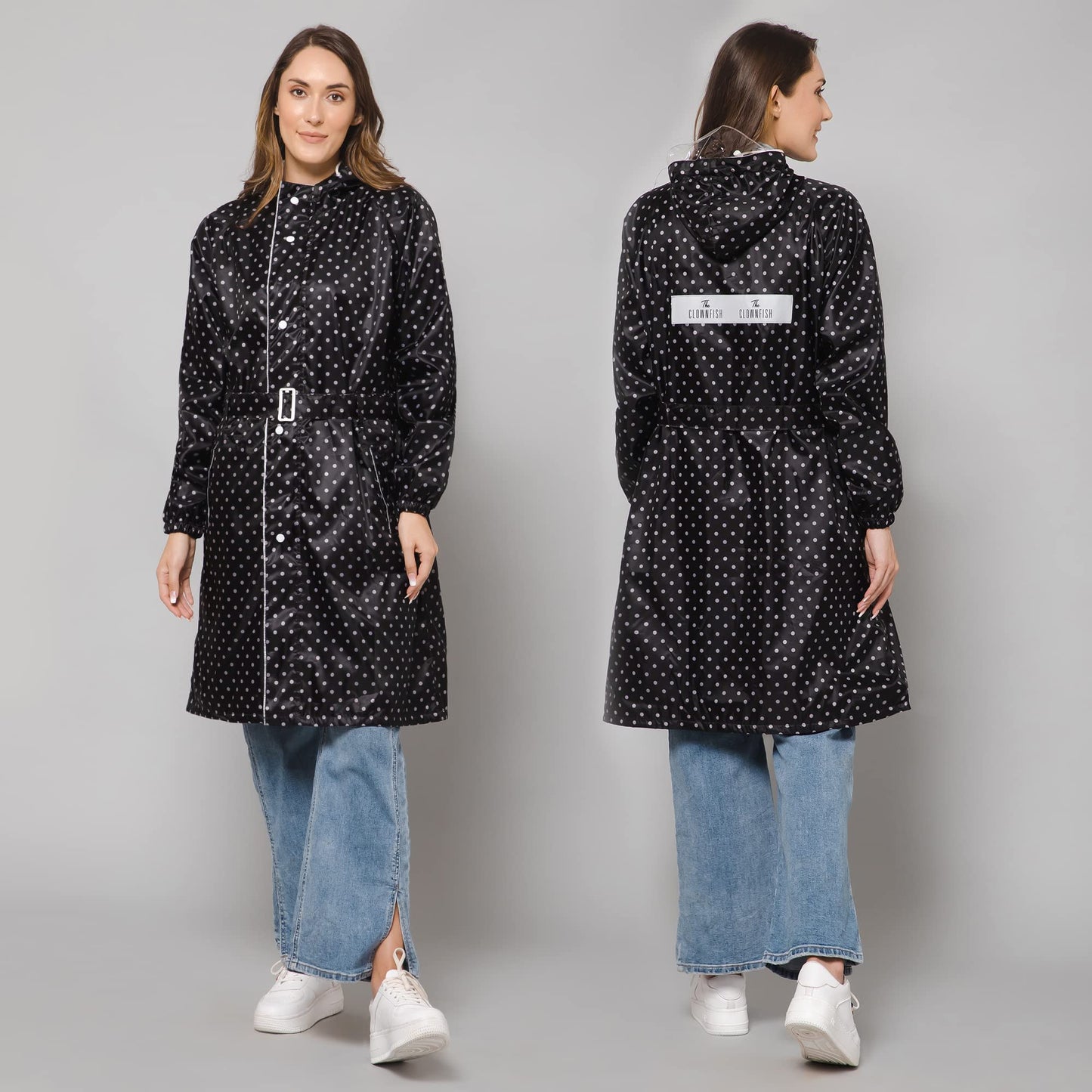 THE CLOWNFISH Raincoats for Women Rain Coat for Women Longcoat Raincoat for Ladies Waterproof Reversible Double Layer. Dotty Delight Series (Black, XX-Large)