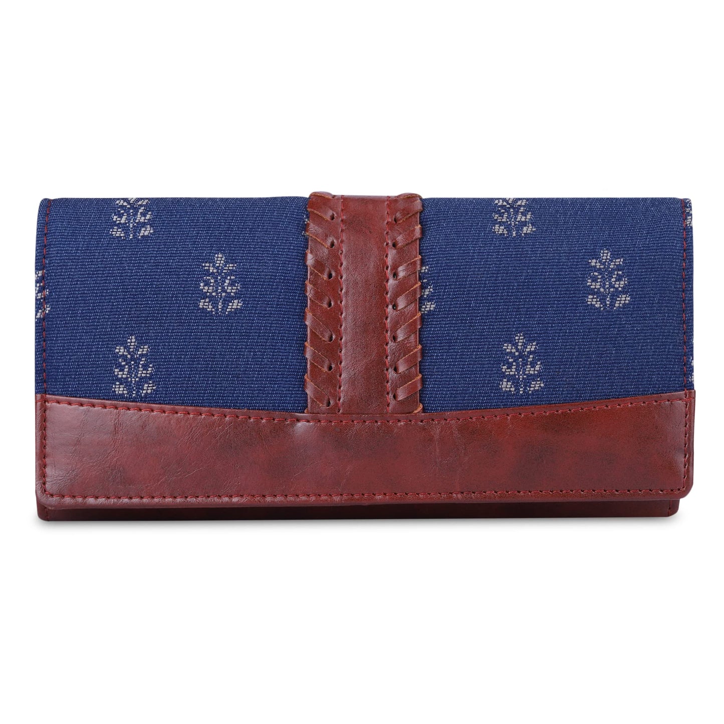 THE CLOWNFISH Serina Collection Tapestry Fabric & Faux Leather Snap Flap Style Womens Wallet Clutch Ladies Purse with Card Holders (Denim Blue)