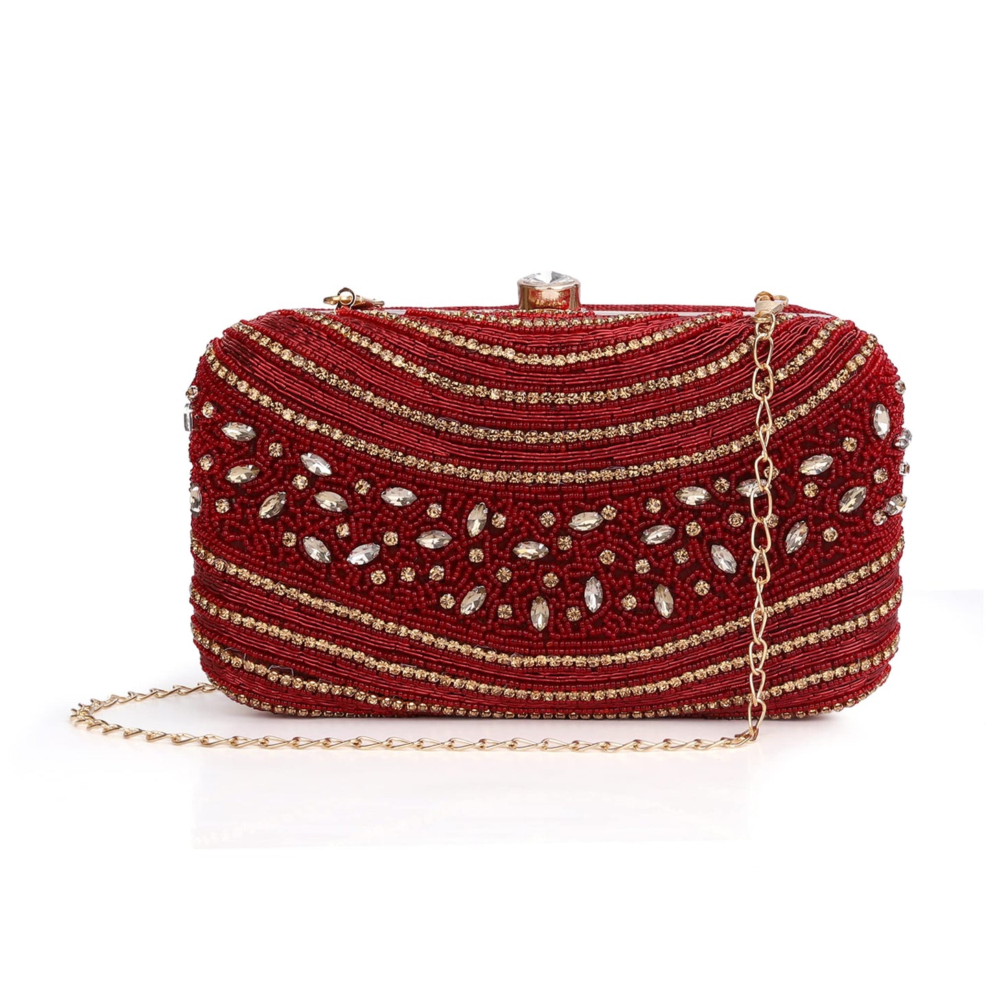 THE CLOWNFISH Emerald Collection Womens Party Clutch Ladies Wallet Evening Bag with Fashionable Round Corners Beads Work Floral Design (Maroon)