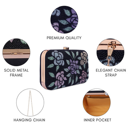 THE CLOWNFISH Norah Collection Womens Party Clutch Ladies Wallet with Chain Strap Evening Bag with Beads Work Floral Design (Jet Black)