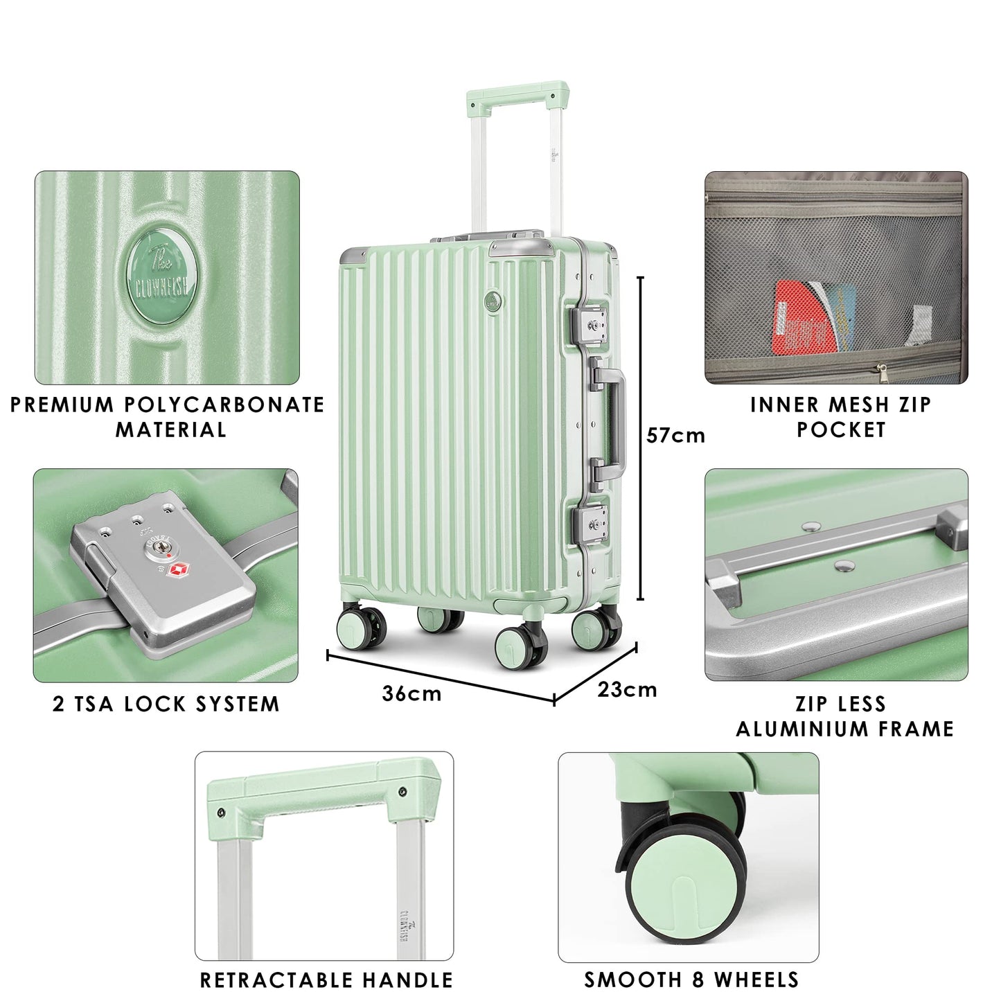 THE CLOWNFISH Stark Series Luggage PolyCarbonate Hard Case Suitcase Eight Wheel Trolley Bag with Double TSA Locks- Pistachio Green (Small size, 57 cm-22 inch)