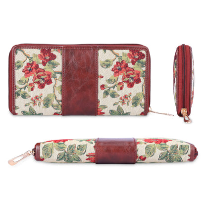 THE CLOWNFISH Aria Collection Tapestry Fabric & Faux Leather Zip Around Style Womens Wallet Clutch Ladies Purse with Card Holders (Off White- Floral)