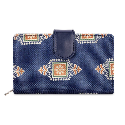 THE CLOWNFISH Fab Series Printed Handicraft Fabric & Vegan Leather Ladies Wallet Clutch Purse for Women Girls with Multiple Compartments (Dark Blue)