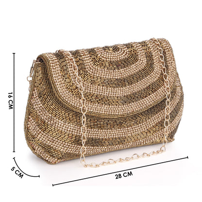 THE CLOWNFISH Shyna Collection Womens Party Clutch Ladies Wallet Evening Bag Fashionable Round Corners Beads Work Floral Design with Chain Strap (Golden)