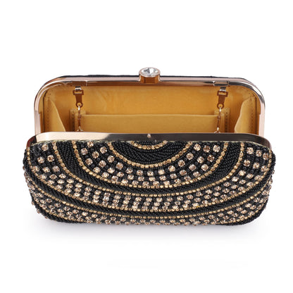 THE CLOWNFISH Fabia Collection Womens Party Clutch Ladies Wallet Evening Bag with Fashionable Round Corners Beads Work Floral Design (Black)