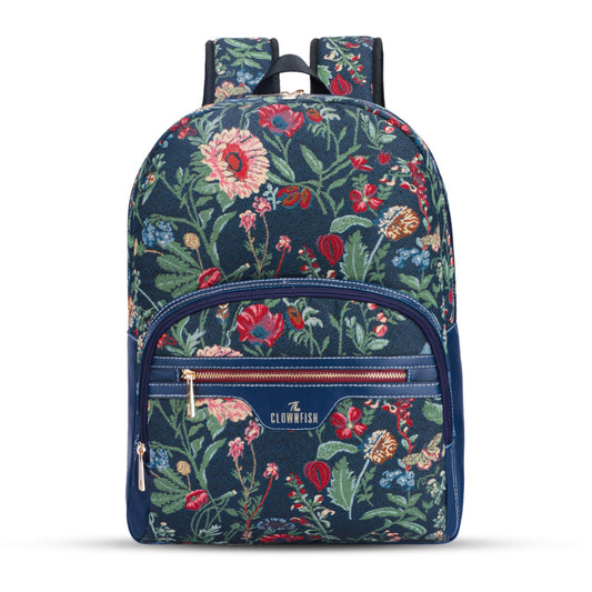 THE CLOWNFISH Techlux Collection Tapestry Fabric & Vegan Leather 15.6 inch Womens Laptop Backpack with Trolley Strap Travel Backpack for Women Office College Going Girls (Navy Blue)