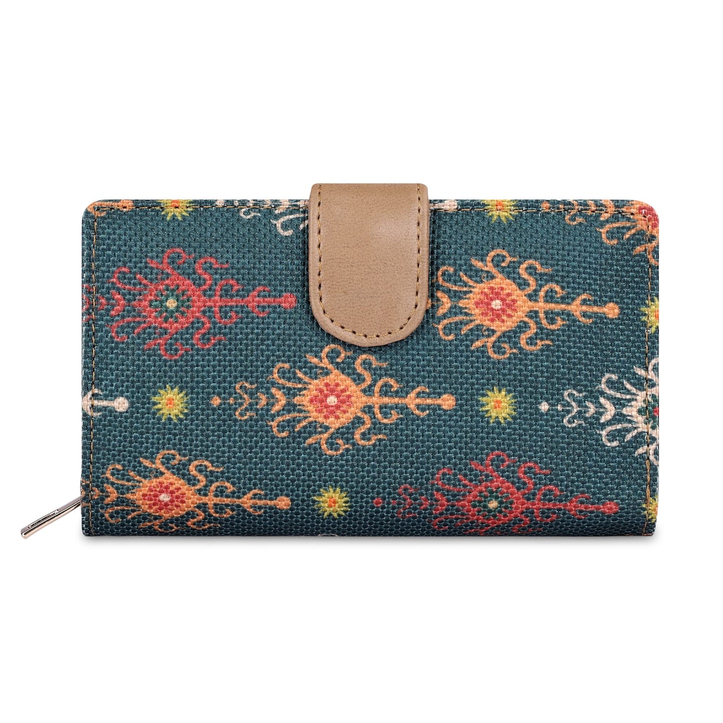 THE CLOWNFISH Fab Series Printed Handicraft Fabric & Vegan Leather Ladies Wallet Clutch Purse for Women Girls with Multiple Compartments (Green)