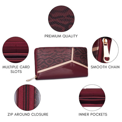 THE CLOWNFISH Katherine Collection Faux Leather Zip Around Style Womens Wallet Clutch Handheld Ladies Purse with Multiple Card Holders (Maroon)