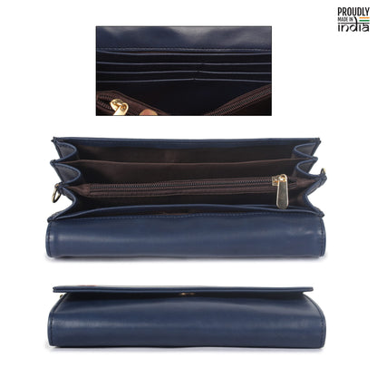 THE CLOWNFISH Ivana Series Womens Wallet Clutch Ladies Purse Sling Bag with multiple card slots (Navy Blue)