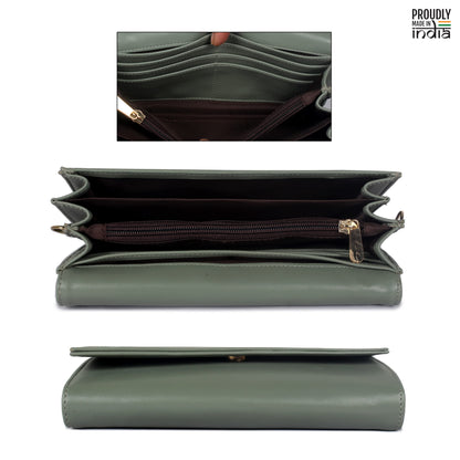 THE CLOWNFISH Ivana Series Womens Wallet Clutch Ladies Purse Sling Bag with multiple card slots (Olive Green)