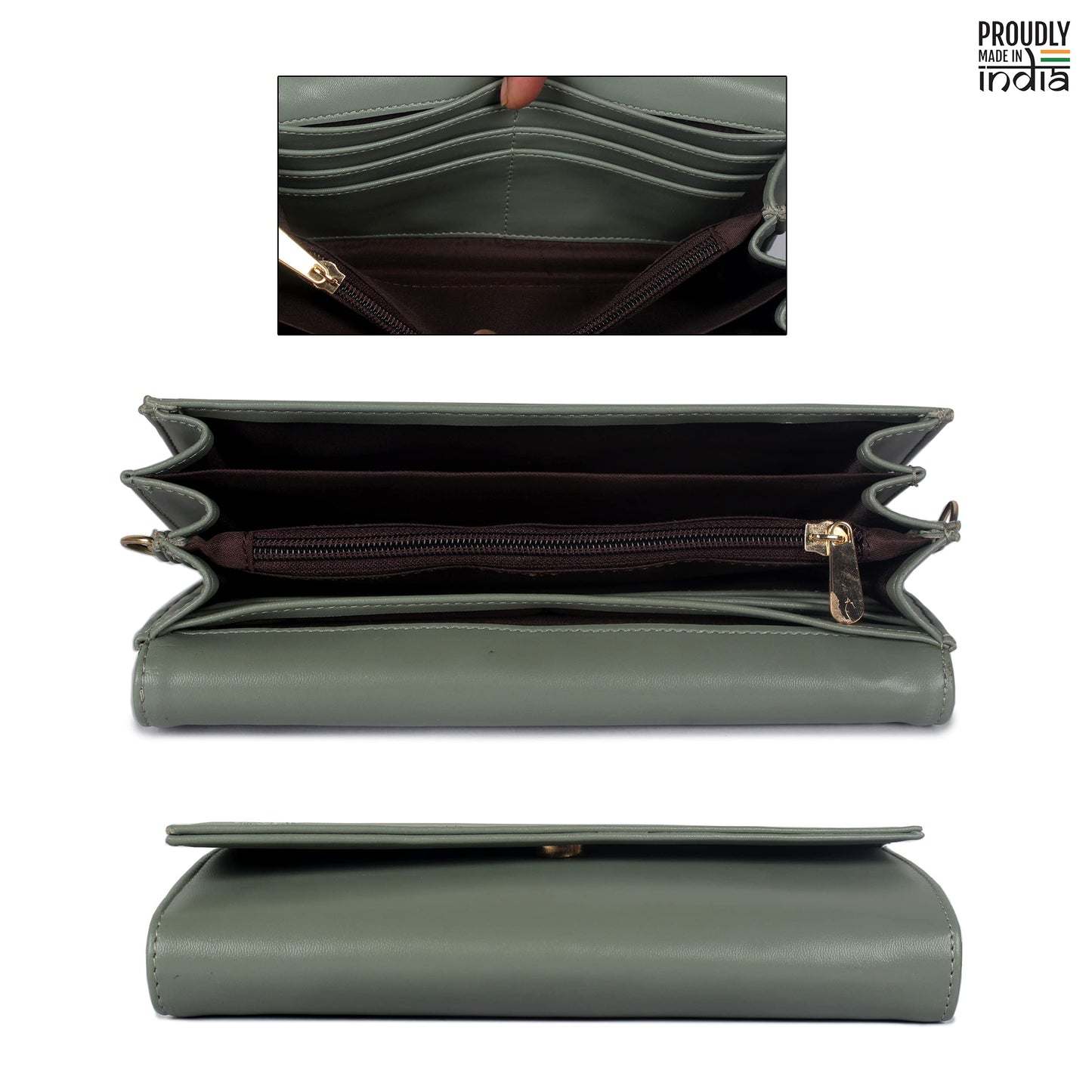 THE CLOWNFISH Myra Collection Womens Wallet Clutch Ladies Purse Sling Bag with Card slots (Olive Green)