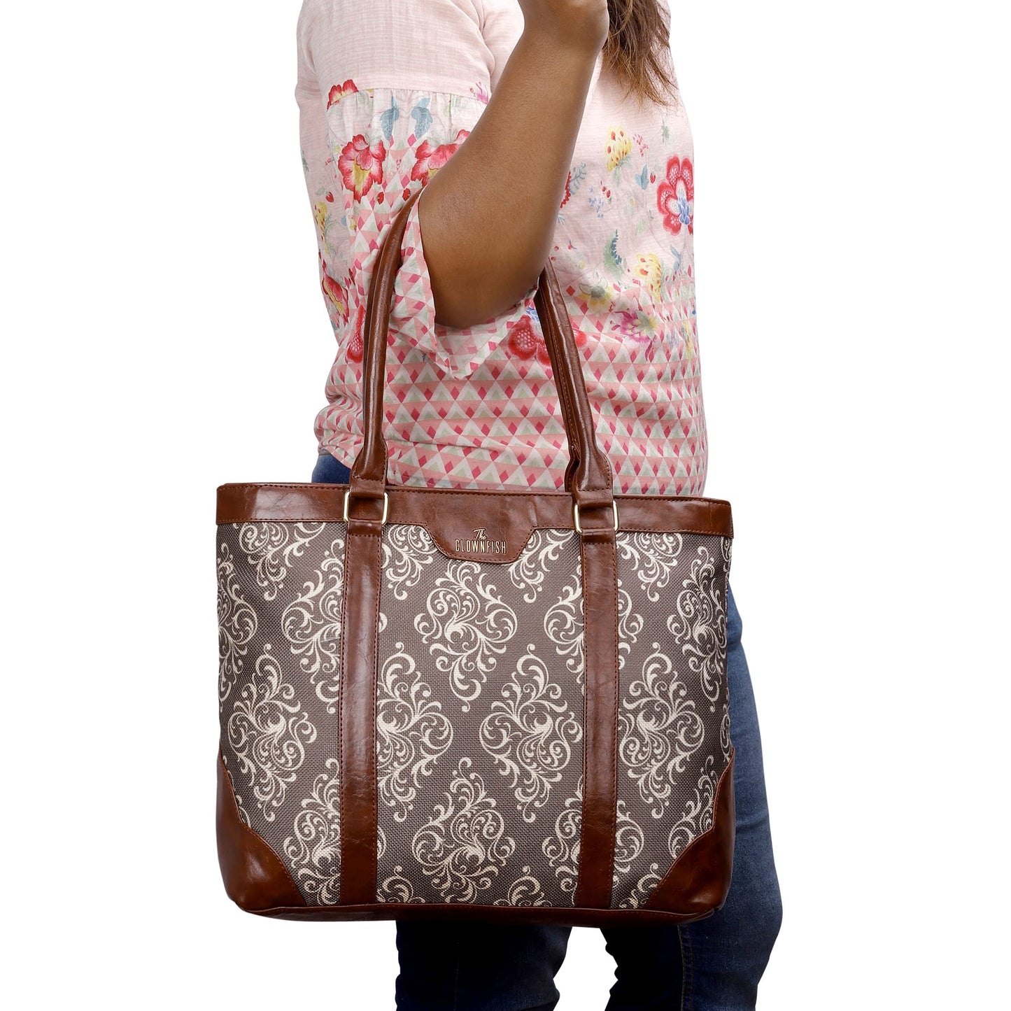 THE CLOWNFISH Miranda Series 15.6 inch Laptop Bag For Women Printed Handicraft Fabric & Faux Leather Office Bag Briefcase Hand Messenger bag Tote Shoulder Bag (Brown)