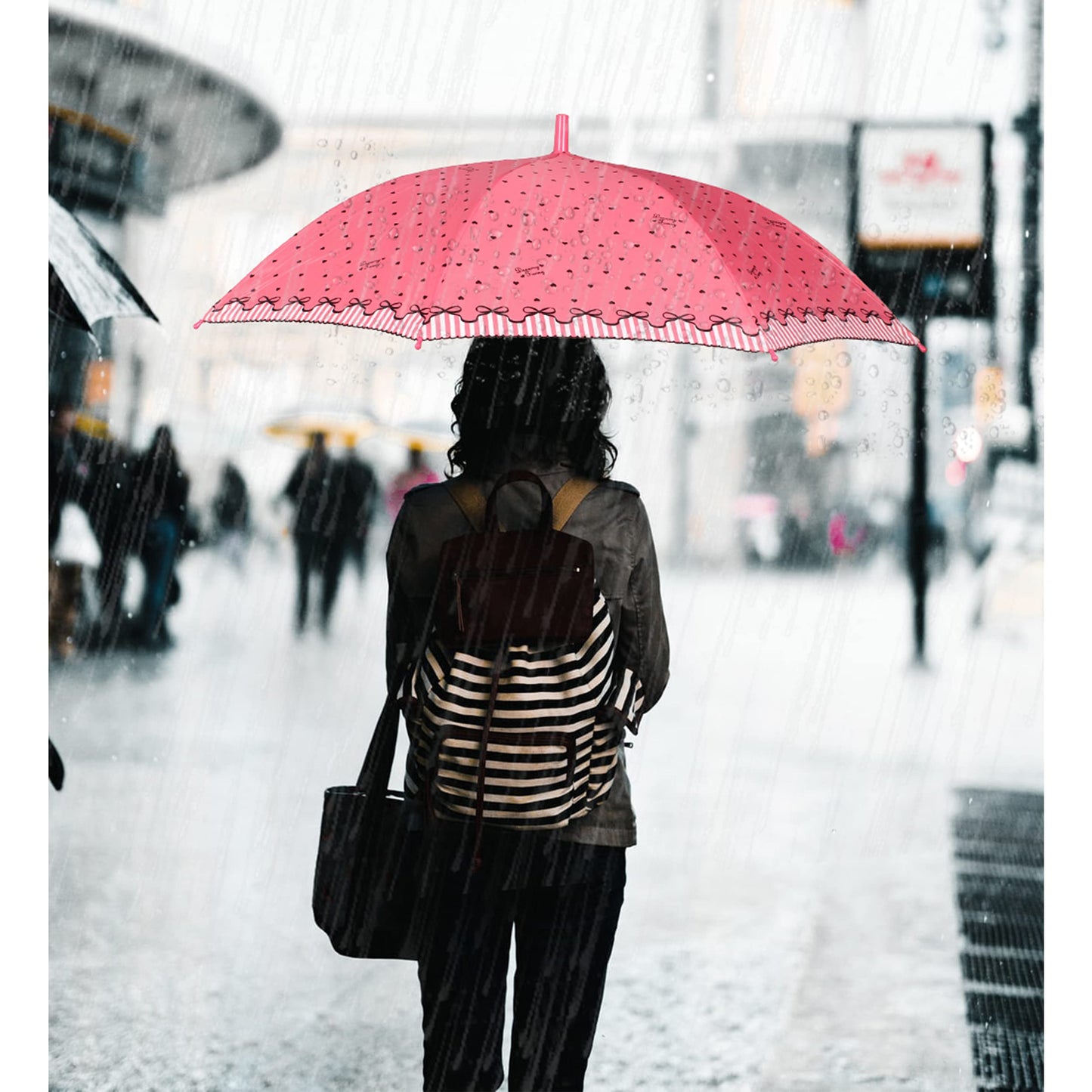 THE CLOWNFISH Umbrella 2 Fold Auto Open Waterproof Pongee Umbrellas For Men and Women (Heart Print- Blush Pink)