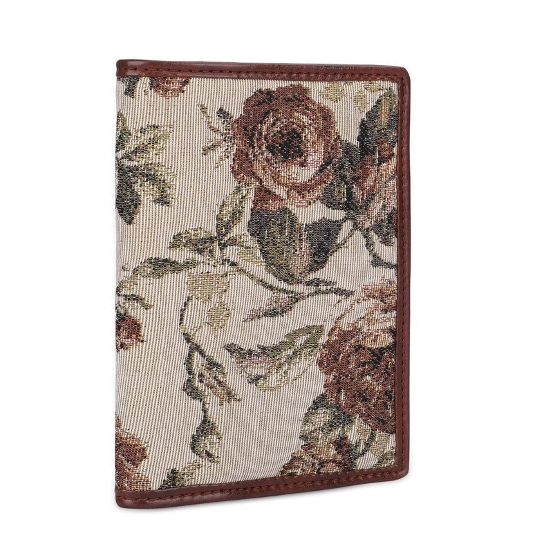 THE CLOWNFISH Glamour Fold Series Tapestry Fabric & Faux Leather Unisex Passport Wallet Travel Document Organizer (Brown-Floral)