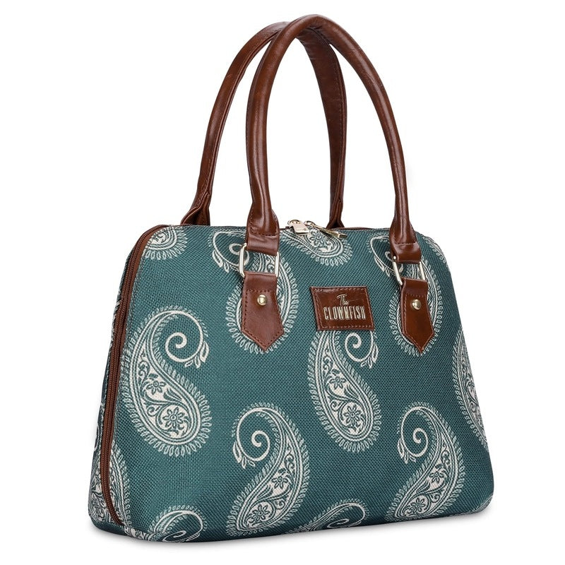 THE CLOWNFISH Montana Series Printed Handicraft Fabric & Faux leather Handbag for Women Office Bag Ladies Purse Shoulder Bag Tote For Women College Girls (Fern Green)