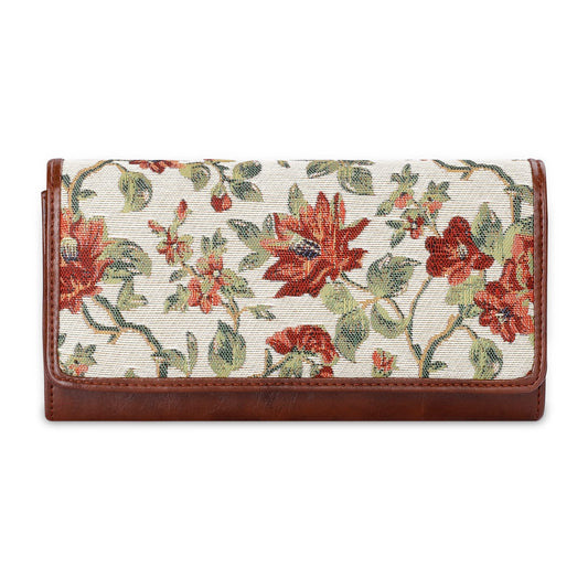 THE CLOWNFISH Sharon Collection Tapestry Fabric & Faux Leather Snap Flap Closure Womens Wallet Clutch Ladies Purse with Multiple Card Holders (Off White-Floral)
