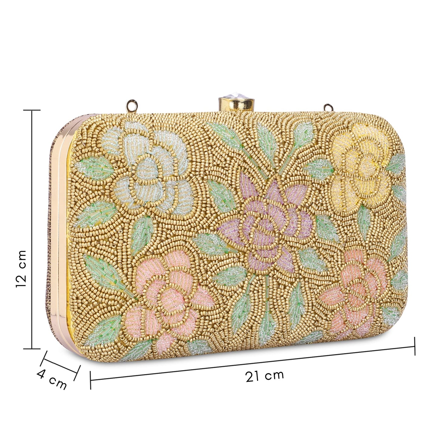 THE CLOWNFISH Norah Collection Womens Party Clutch Ladies Wallet with Chain Strap Evening Bag with Fashionable Round Corners Beads Work Floral Design (Yellow Ochre)