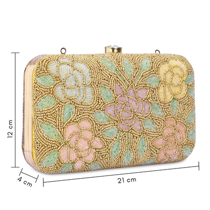 THE CLOWNFISH Norah Collection Womens Party Clutch Ladies Wallet with Chain Strap Evening Bag with Fashionable Round Corners Beads Work Floral Design (Yellow Ochre)