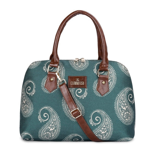 THE CLOWNFISH Montana Series Printed Handicraft Fabric & Faux leather Handbag for Women Office Bag Ladies Purse Shoulder Bag Tote For Women College Girls (Fern Green)