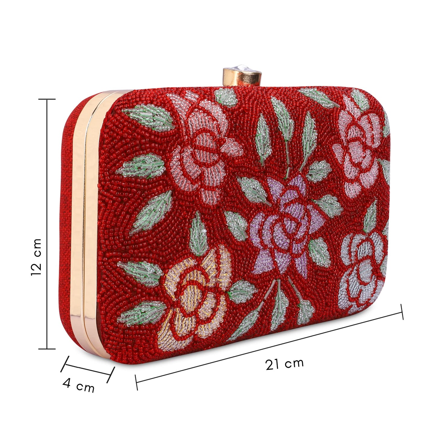 THE CLOWNFISH Norah Collection Womens Party Clutch Ladies Wallet with Chain Strap Evening Bag with Fashionable Round Corners Beads Work Floral Design (Red)