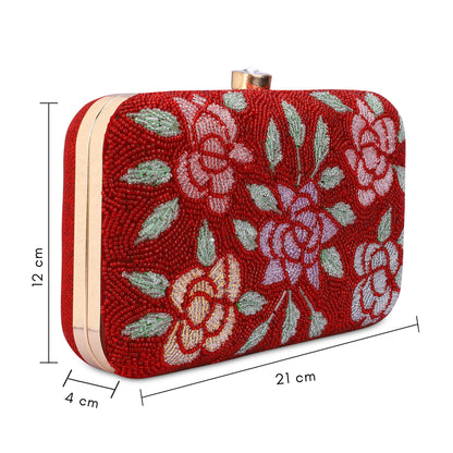 THE CLOWNFISH Norah Collection Womens Party Clutch Ladies Wallet with Chain Strap Evening Bag with Fashionable Round Corners Beads Work Floral Design (Red)