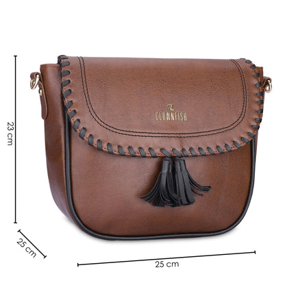 THE CLOWNFISH Rochelle Series Faux Leather Sling Bag for Women Snap Flap Closure Style Casual Single Shoulder Bag For Ladies Crossbody Bag for College Girls (Tan)