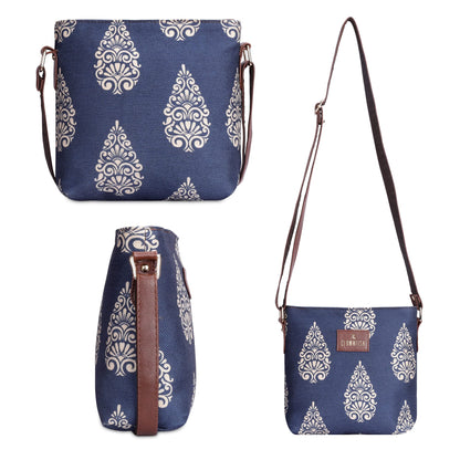 THE CLOWNFISH Aahna Printed Handicraft Fabric Crossbody Sling bag for Women Casual Party Bag Purse with Adjustable Shoulder Strap for Ladies College Girls (Navy Blue-Design)