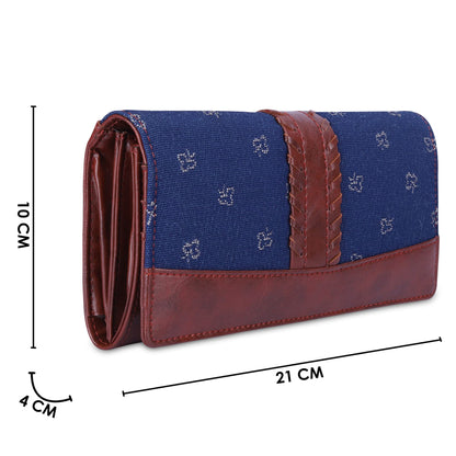 THE CLOWNFISH Serina Collection Tapestry Fabric & Faux Leather Snap Flap Style Womens Wallet Clutch Ladies Purse with Card Holders (Blue-Spade Design)