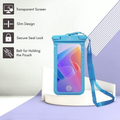 THE CLOWNFISH Universal Waterproof PVC Transparent Mobile Pouch Cellphone Case Rain Protection Dry Bag Designed for Most Cell Phones Upto 6.2 inch Screen & Accessories (Blue)