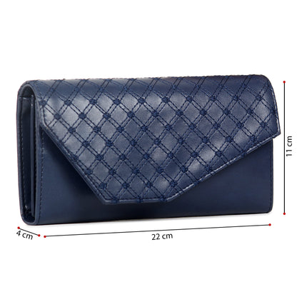 THE CLOWNFISH Helena Collection Womens Wallet Clutch Ladies Purse with Embroidery On Flap (Navy Blue)