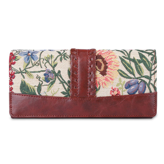 THE CLOWNFISH Serina Collection Tapestry Fabric & Faux Leather Snap Flap Style Womens Wallet Clutch Ladies Purse with Card Holders (Flax)