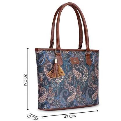 THE CLOWNFISH Aviva Printed Handicraft Fabric Handbag for Women Office Bag Ladies Shoulder Bag Tote for Women College Girls (Peacock Blue)