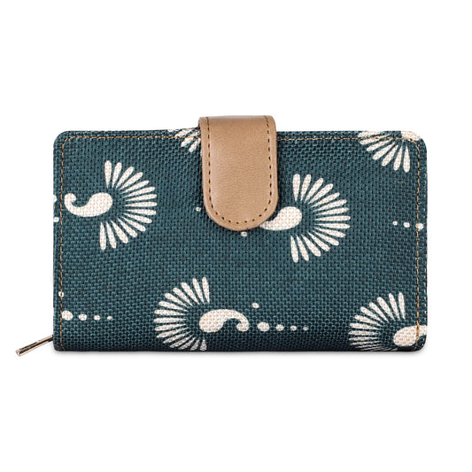 THE CLOWNFISH Fab Series Printed Handicraft Fabric & Vegan Leather Ladies Wallet Clutch Purse for Women Girls with Multiple Compartments (Bottle Green)