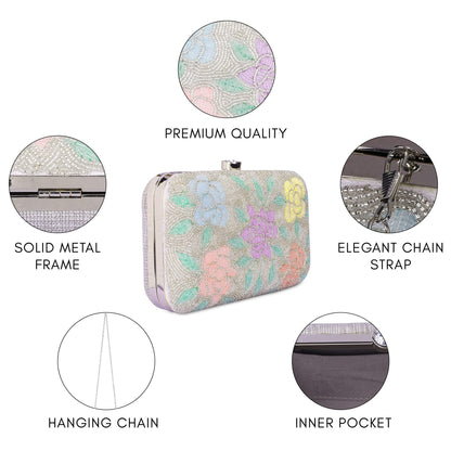 THE CLOWNFISH Norah Collection Womens Party Clutch Ladies Wallet with Chain Strap Evening Bag with Fashionable Round Corners Beads Work Floral Design (Silver)