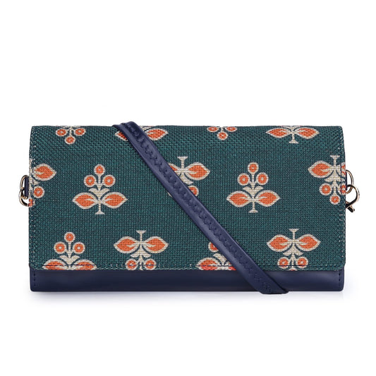 The Clownfish Women Jolene Printed Handicraft Fabric & Vegan Leather Ladies Wallet Purse Sling Bag with Multiple Card Slots & Shoulder Belt (Dark Green)