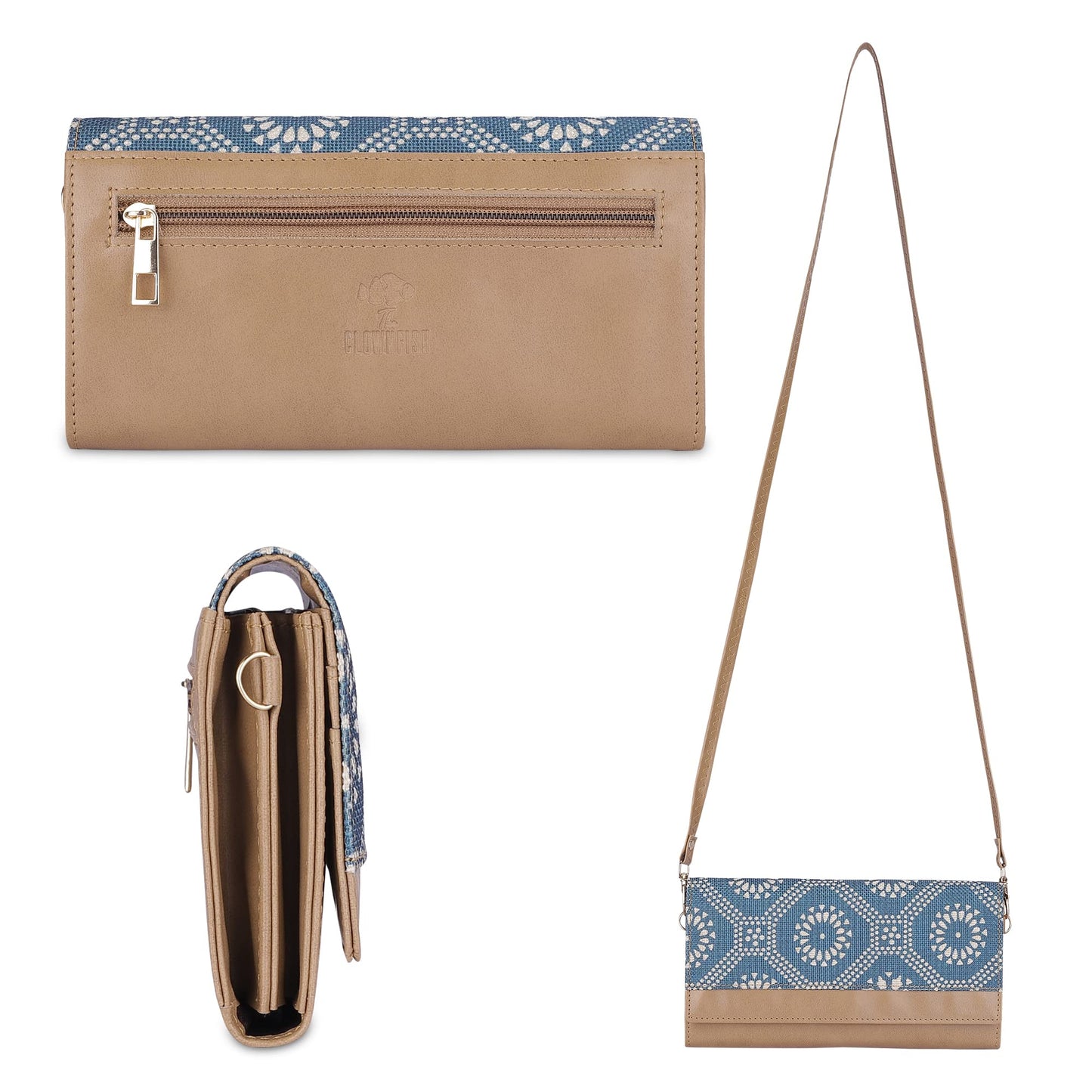 THE CLOWNFISH Erika Printed Handicraft Fabric & Vegan Leather Ladies Wallet Purse Sling Bag with Multiple Card Slots & Shoulder Belt (Cerulean Blue)