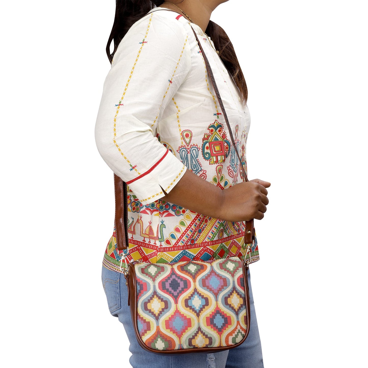 THE CLOWNFISH Garnet Series Printed Handicraft Fabric & Tapestry Crossbody Sling Bag for Women Ladies Single Shoulder Bag Shoulder Belt (Multicolour-Design)