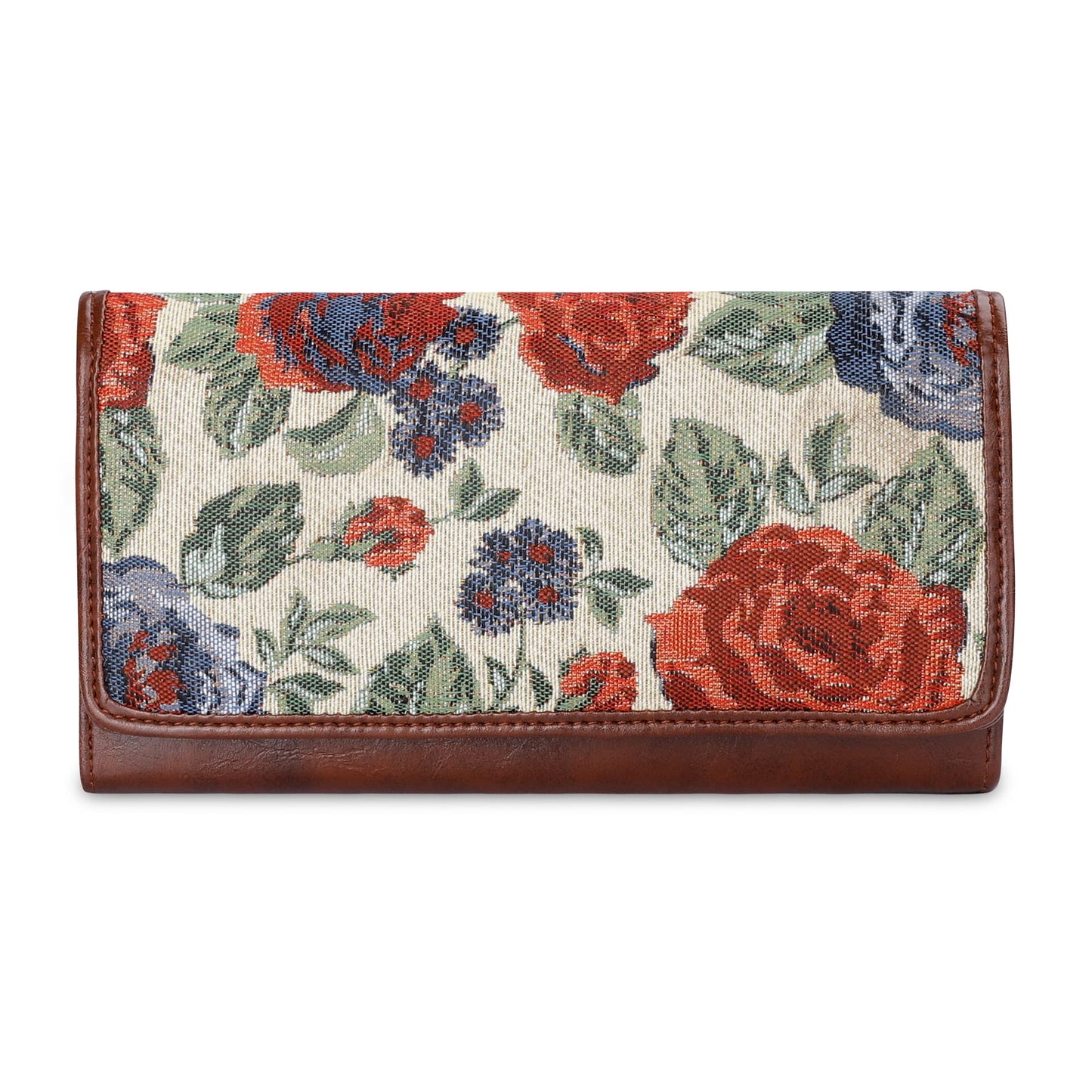 THE CLOWNFISH Sharon Collection Tapestry Fabric & Faux Leather Snap Flap Closure Womens Wallet Clutch Ladies Purse with Multiple Card Holders (Red-Floral)