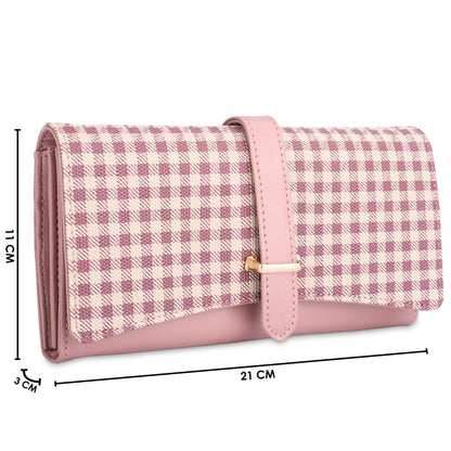 THE CLOWNFISH Dhanvi Collection PVC Checks Design Snap Flap Closure Womens Wallet Clutch Ladies Purse with Multiple Card Holders (Pink)