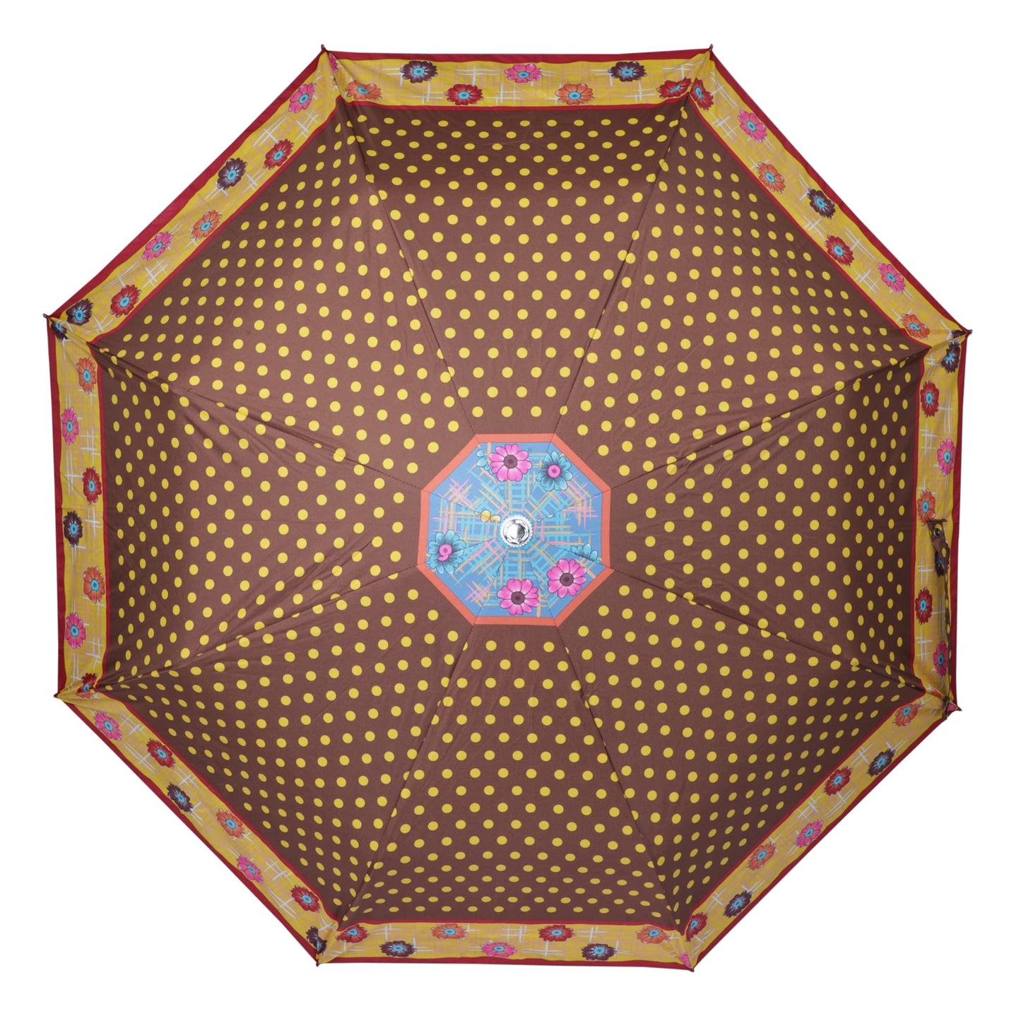 THE CLOWNFISH Umbrella Polka Dot Series 3 Fold Auto Open Waterproof Water Repellent Nylon Double Coated Silver Lined Umbrellas For Men and Women (Brown with yellow border)